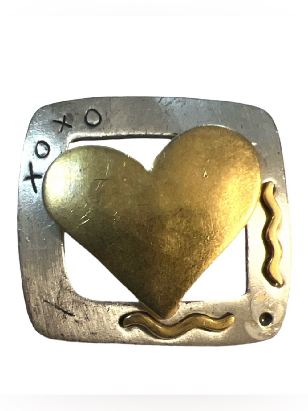 1980’s/1990s Vintage Heart Xoxo Brooch/Pin Mixed Metal Silver & Gold Love Brooch